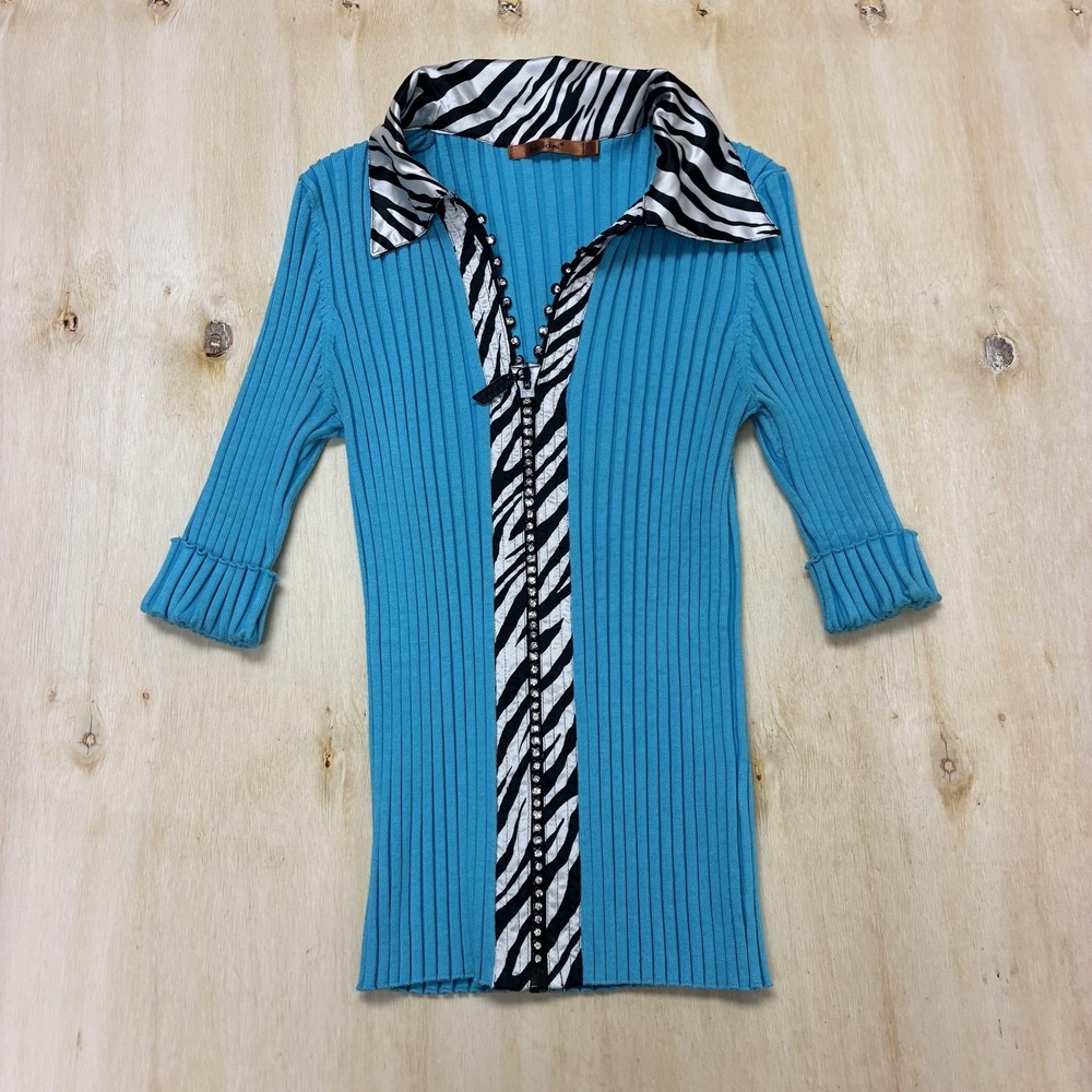 Belldini Y2K Sweater Womens Large Blue Zebra Print Collar Tunic Rhinestone Trim